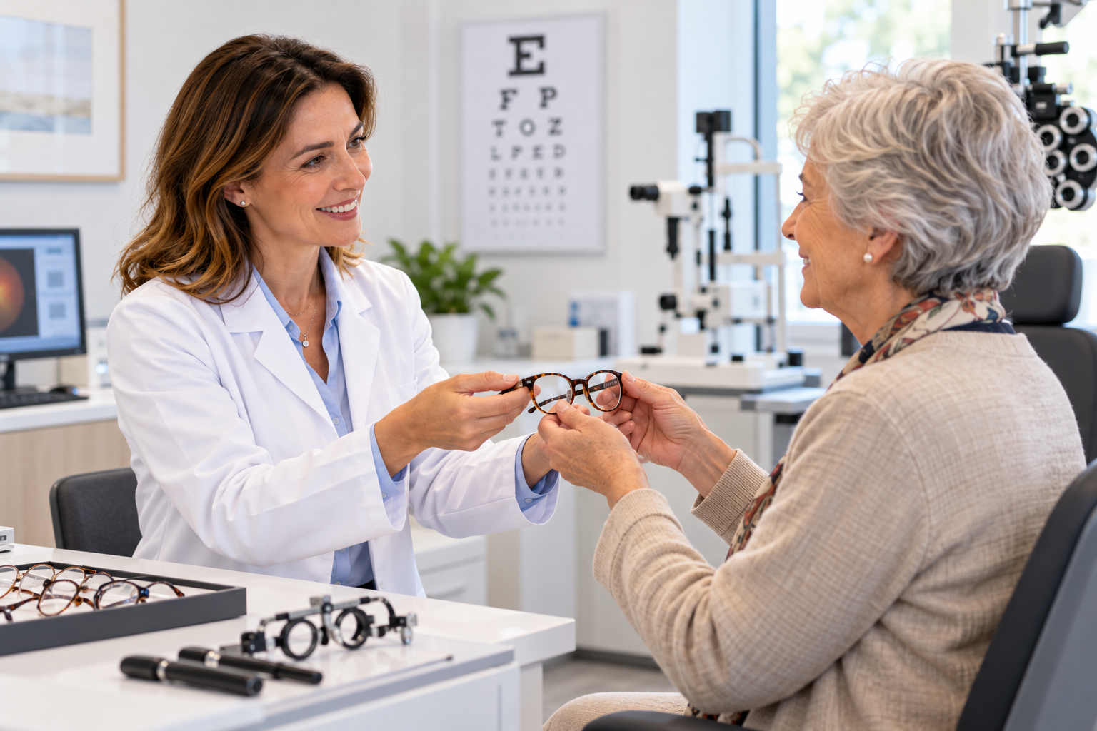 Ottico-optometrista che consegna gli occhiali a una cliente anziana.